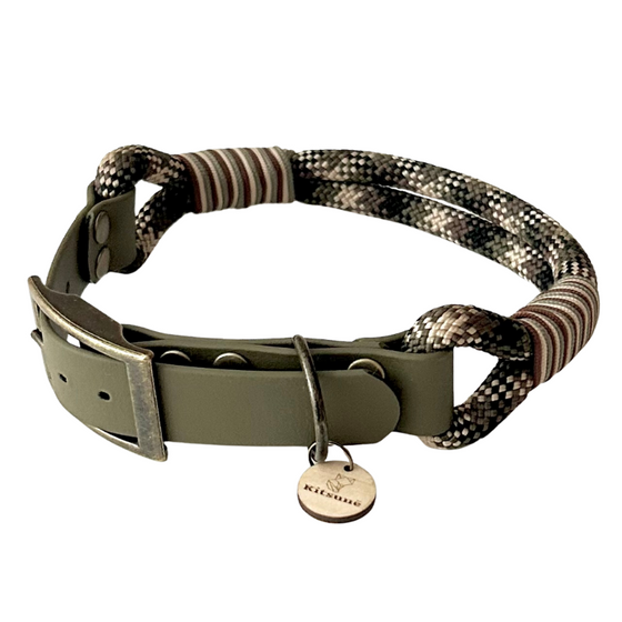 Collier chien bi-matière biothane kaki et paracorde camouflage